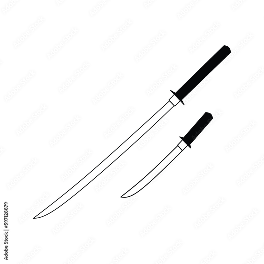 black and white katana sword set isolated on white background. weapon