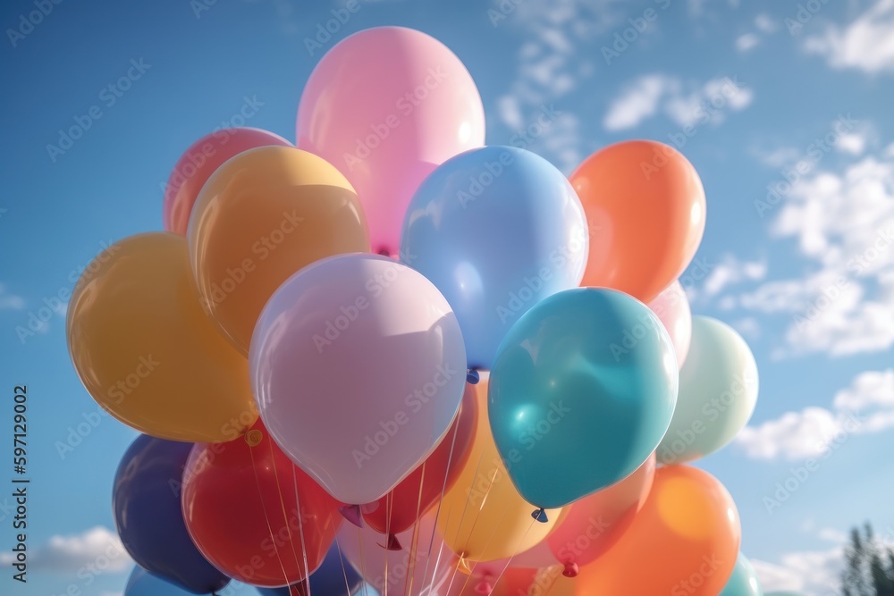 Multi-colored balloons in the sky with clouds. Summer party celebration concept.