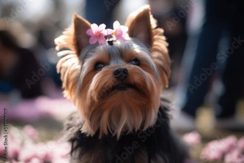 Lifestyle portrait photography of a happy yorkshire terrier being at a concert against cherry blossom parks background. With generative AI technology © Markus Schröder