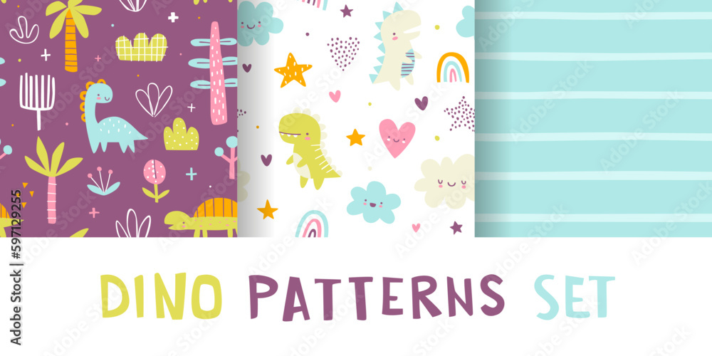 Cute jurassic pattern set with dino and plants. Seamless vector print collection with abstract dinosaurs for baby textile.