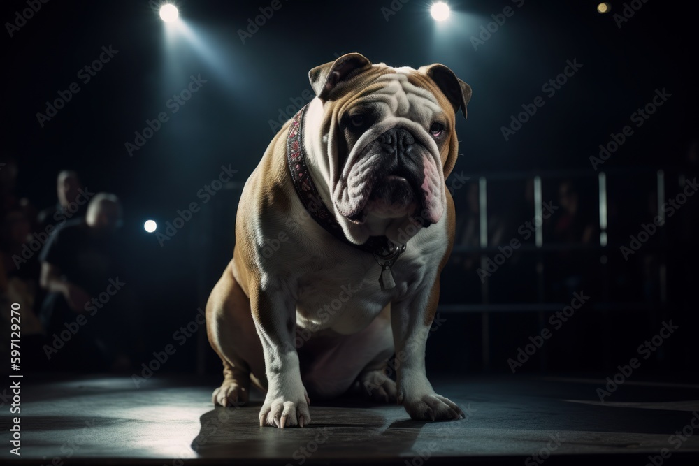 Full-length portrait photography of an aggressive bulldog being at a concert against windmills background. With generative AI technology