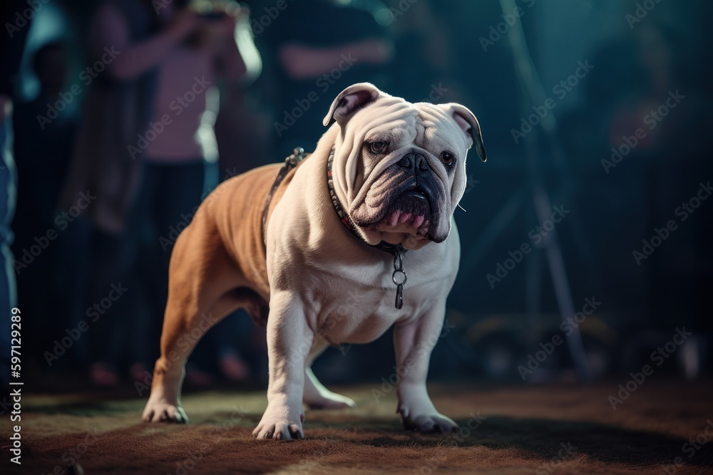 Full-length portrait photography of an aggressive bulldog being at a concert against windmills background. With generative AI technology