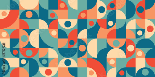 Seamless 70s abstract geomrtric pattern in retro colors. Vector bauhaus background 