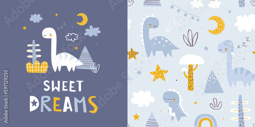 Fotografia Seamless pattern collection with sleeping dino