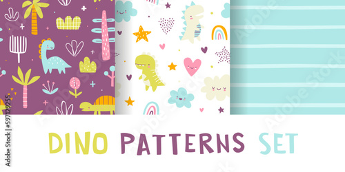 Cute jurassic pattern set with dino and plants. Seamless vector print collection with abstract dinosaurs for baby textile.