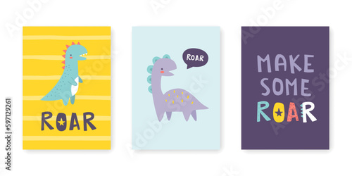 Cute dino prints set with text. Posters with abstract little dinosaurs and lettering. Scandinavian prints with baby dino.