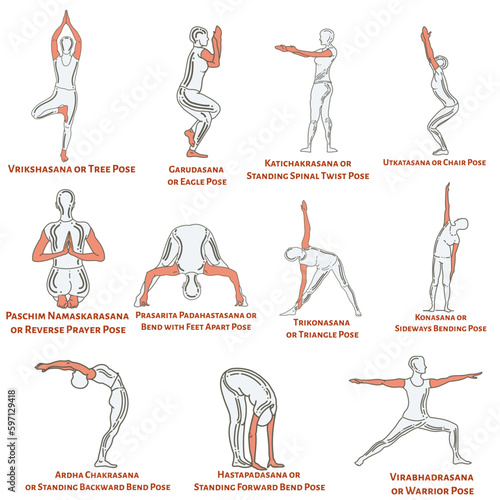 Yoga Asanas set of 11 Standing yoga poses for beginners 