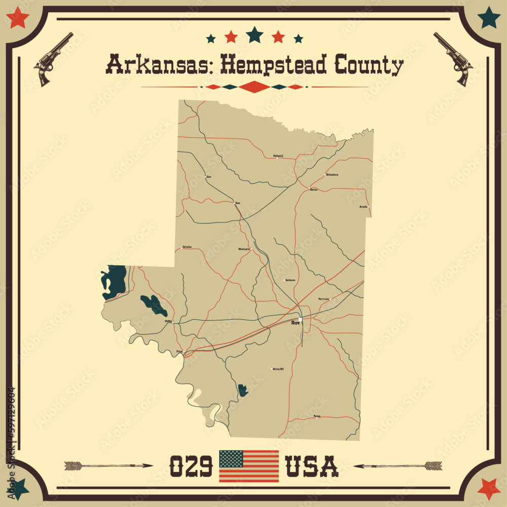 Large and accurate map of Hempstead County, Arkansas, USA with vintage colors.