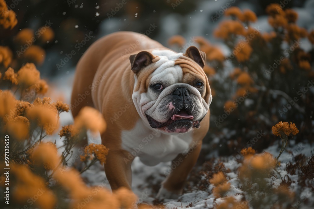 Conceptual portrait photography of a happy bulldog playing in the snow against colorful flower gardens background. With generative AI technology