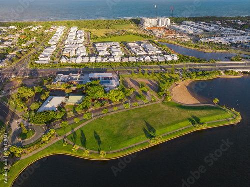 Aerial view of a parkland reserve and waterfront property around coastal canals photo