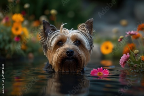 Group portrait photography of a curious yorkshire terrier swimming in a lake against colorful flower gardens background. With generative AI technology