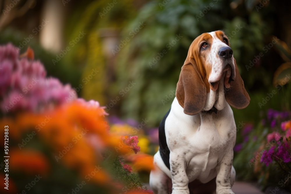 Full-length portrait photography of a curious basset hound being at an art gallery against colorful flower gardens background. With generative AI technology