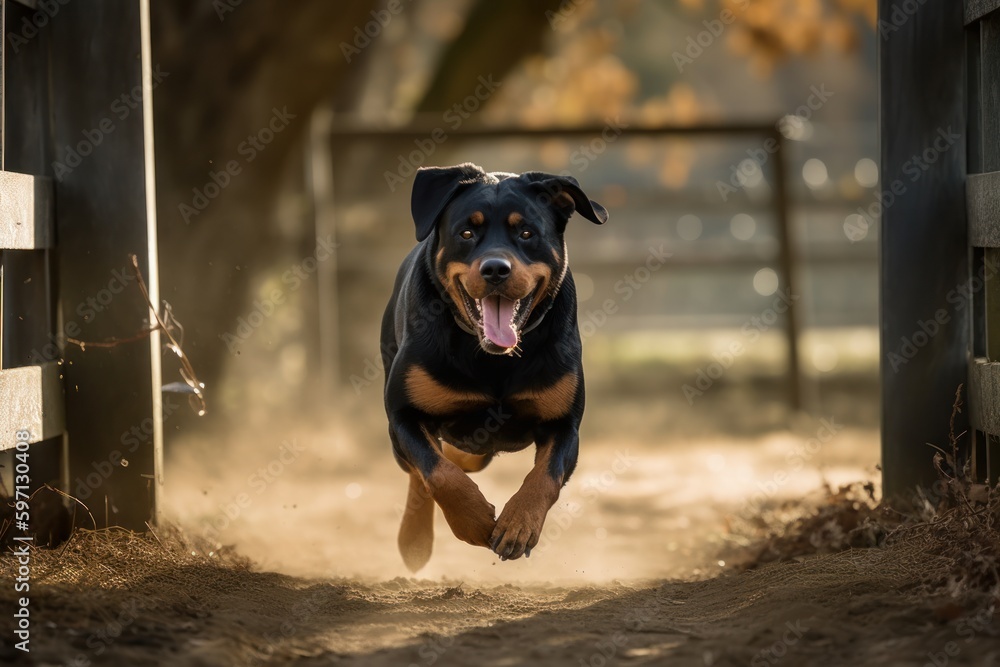 Environmental portrait photography of a happy rottweiler jumping
