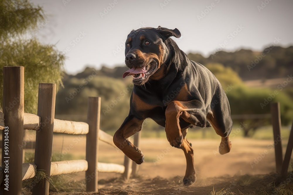 Environmental portrait photography of a happy rottweiler jumping
