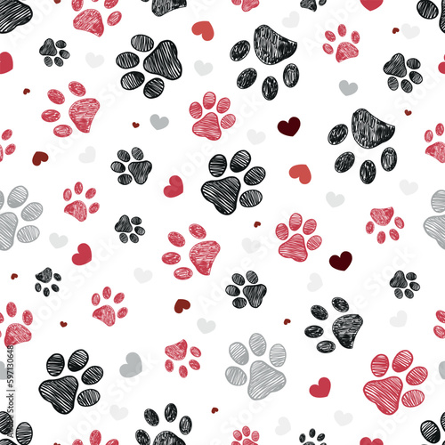 Black and red seamless paw prints with hearts pattern Generative AI