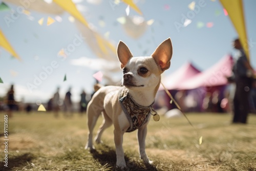 Full-length portrait photography of a happy chihuahua sniffing against kite festivals background. With generative AI technology