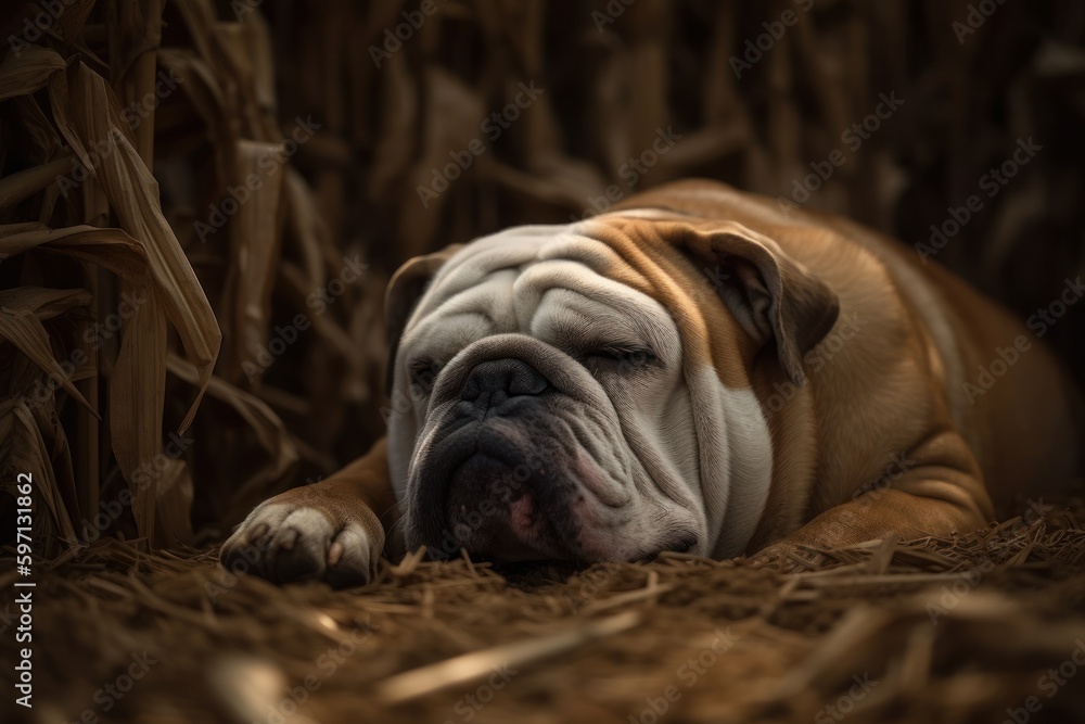 Conceptual portrait photography of a curious bulldog sleeping against corn mazes background. With generative AI technology