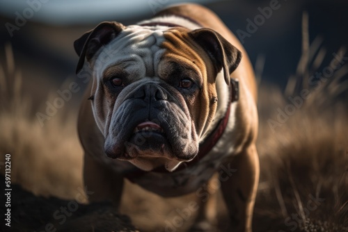 Environmental portrait photography of a curious bulldog biting his tail against bison ranges background. With generative AI technology