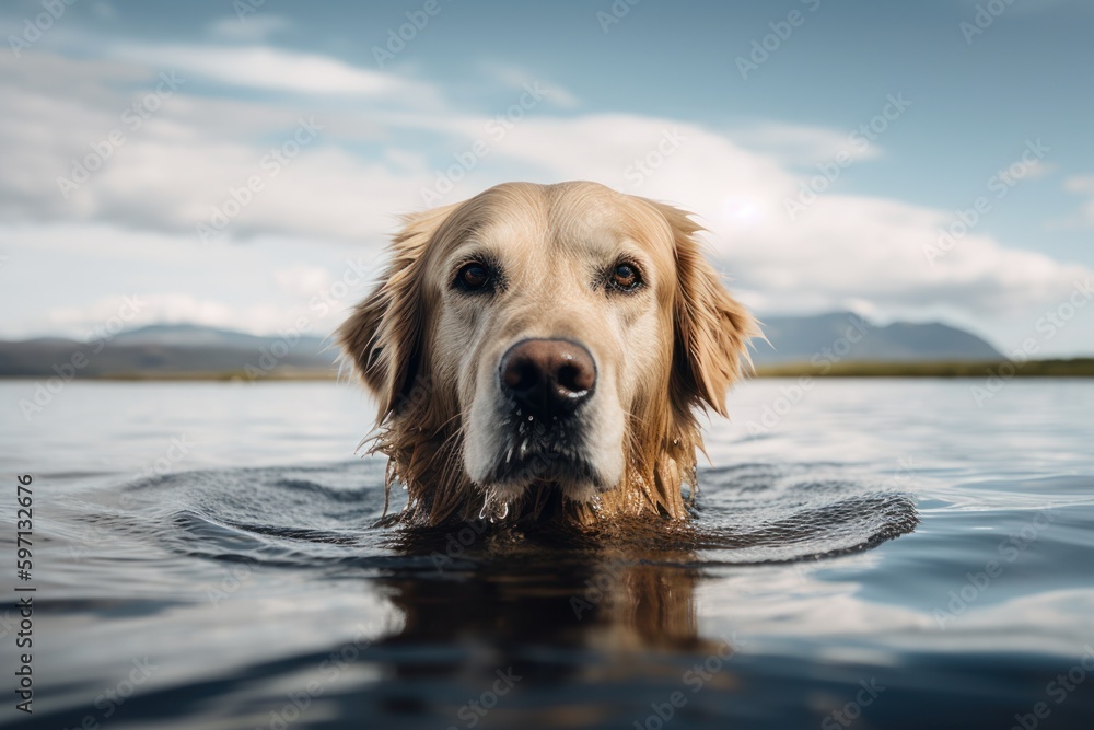 Medium shot portrait photography of a scared golden retriever swimming in a lake against tundra landscapes background. With generative AI technology Medium shot portrait photography of a scared golden retriever swimming in a lake against tundra landscapes background. With generative AI technology
