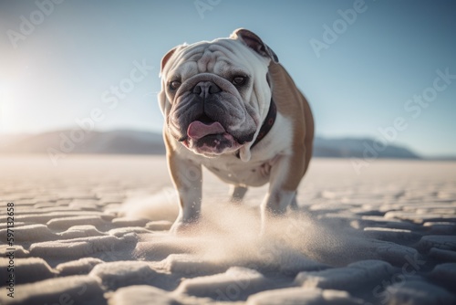 Lifestyle portrait photography of a happy bulldog playing in the snow against salt flats background. With generative AI technology © Markus Schröder