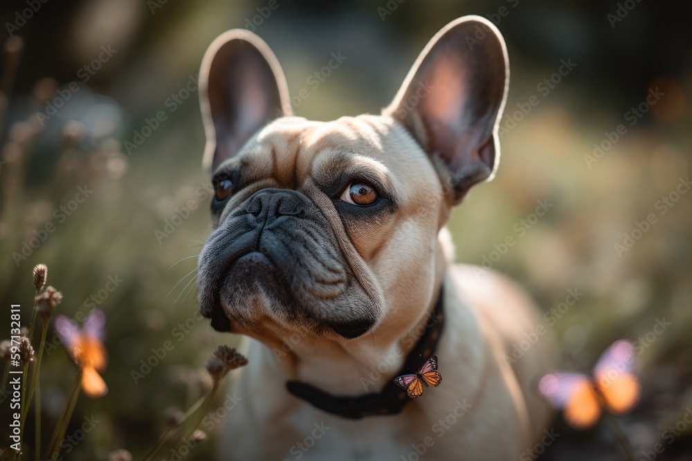 Lifestyle portrait photography of a happy french bulldog having a butterfly on its nose against tundra landscapes background. With generative AI technology Lifestyle portrait photography of a happy french bulldog having a butterfly on its nose against tundra landscapes background. With generative AI technology