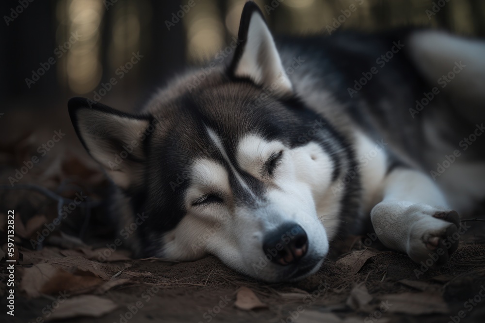 Medium shot portrait photography of an aggressive siberian husky sleeping against local parks and playgrounds background. With generative AI technology Medium shot portrait photography of an aggressive siberian husky sleeping against local parks and playgrounds background. With generative AI technology