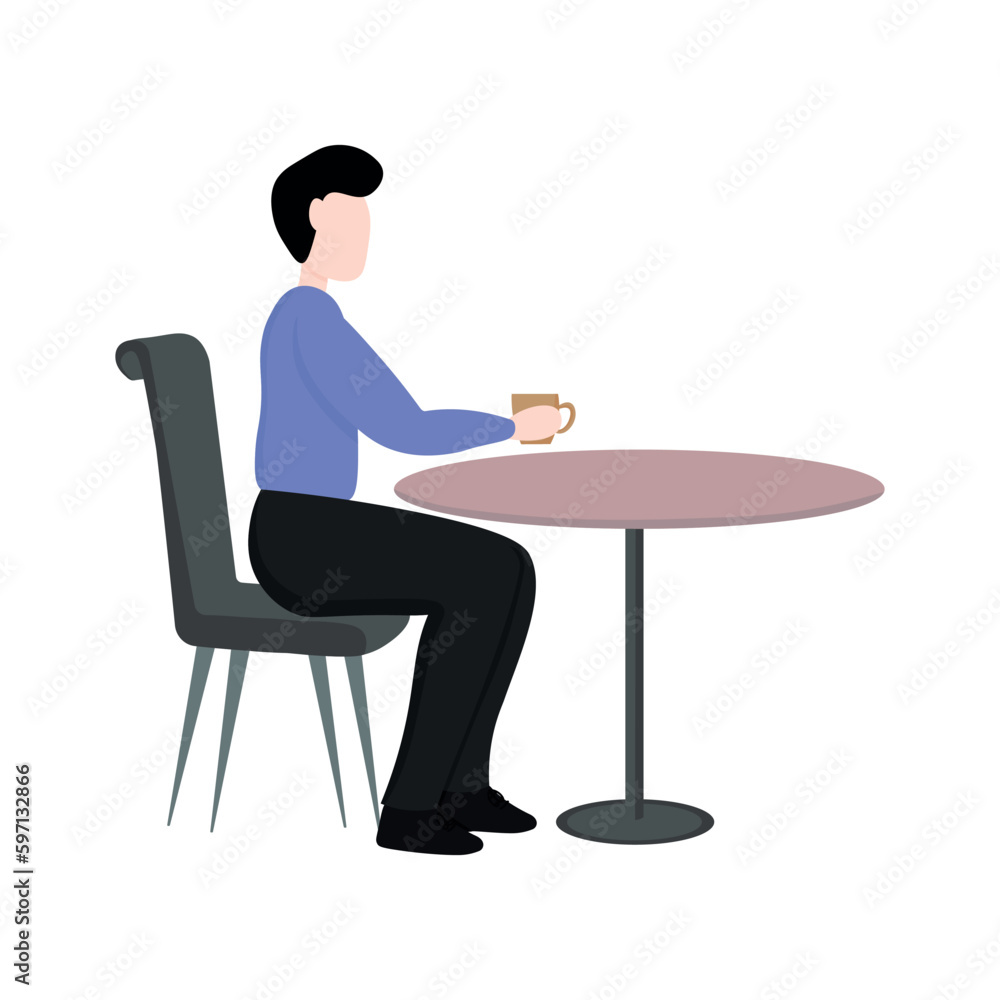 Fototapeta premium A man sits at a table and drinks coffee. A man sits and drinks a hot drink. A man sits in a cafe or restaurant and drinks coffee
