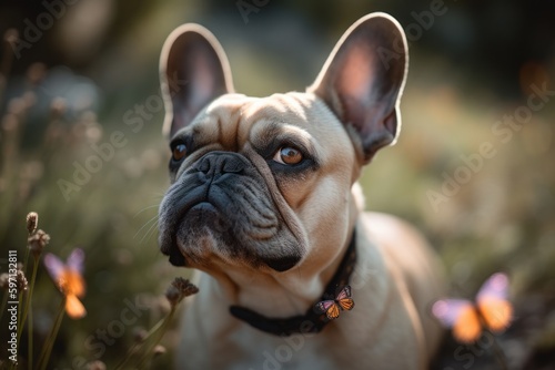 Lifestyle portrait photography of a happy french bulldog having a butterfly on its nose against tundra landscapes background. With generative AI technology