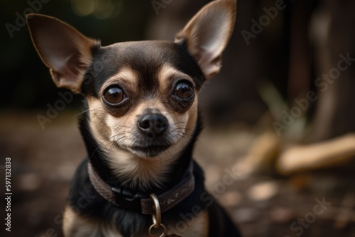 Medium shot portrait photography of a curious chihuahua holding a bone in its mouth against local parks and playgrounds background. With generative AI technology