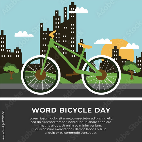 Vector word bicycle day in front of sun and city buidlings