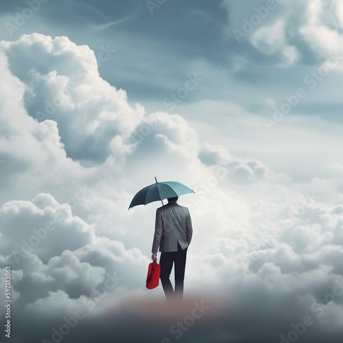 A man walking on a cloud with umbrella. 