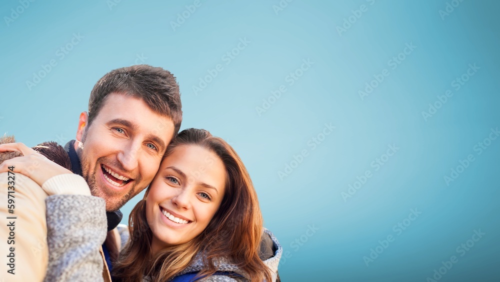 Happy couple of tourist posing on background. Happy couple of tourist posing on background.