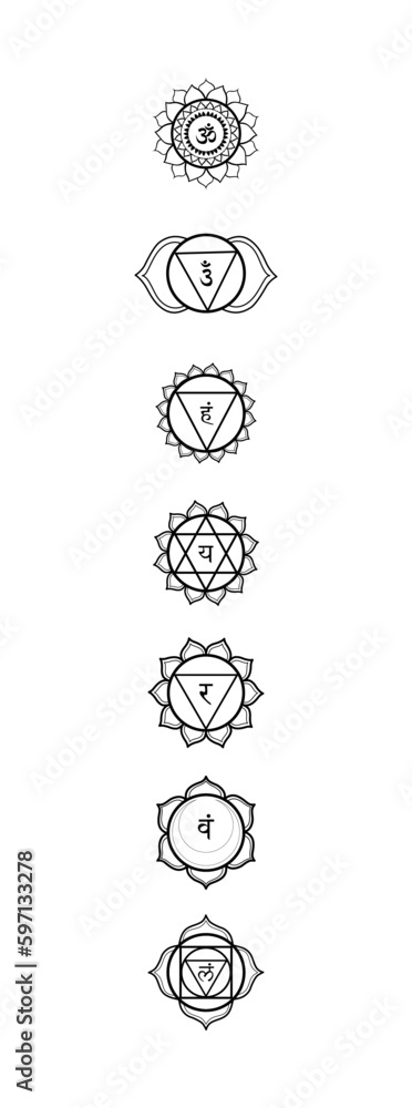 Chakras icons black and white. Vector line art set with sanskrit ...