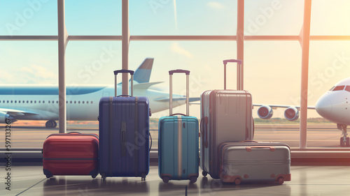 Colorful Suitcases at Airport Window  Airplane Jet at background - Travel Concept and Departure at Airport with Luggage