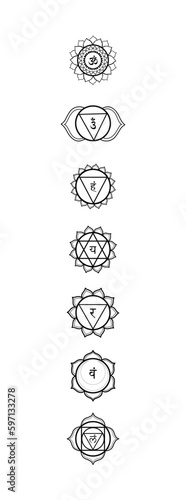 Chakras icons black and white. Vector line art set with sanskrit symbols.
