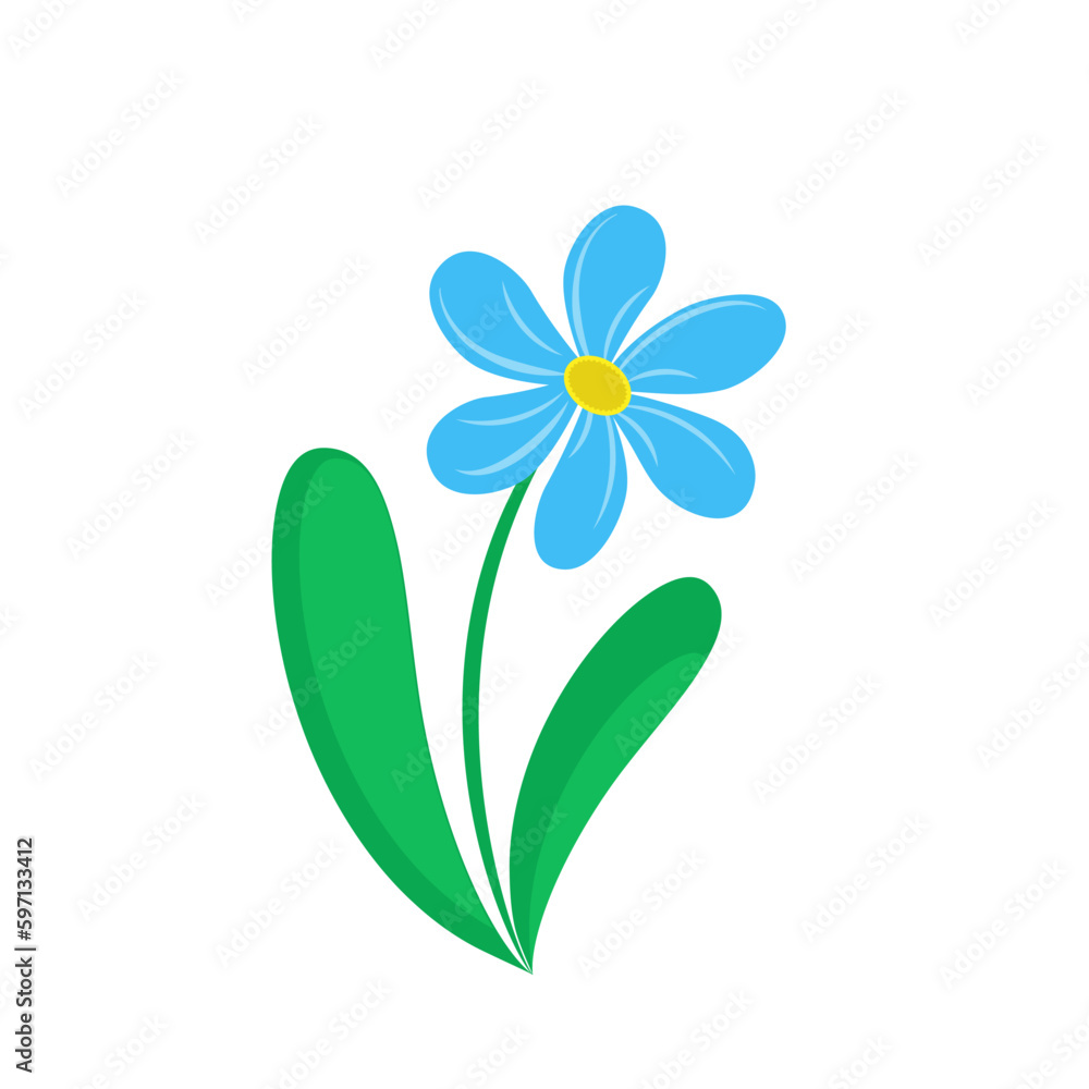 Vector flower in a flat minimalistic style, isolated on a white background. Illustration of a single flower in blue in a simple style. Chamomile