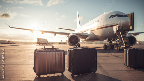 Suitcases in Airport, Airplane Jet departure zone at background - Travel Concept and Departure at Airport with Luggage
