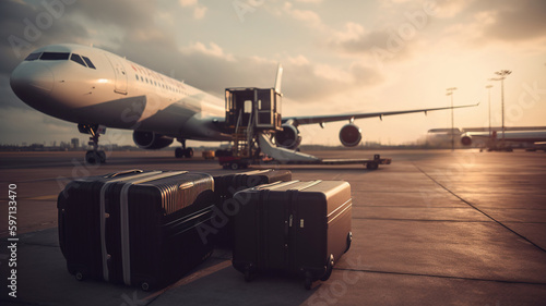 Suitcases in Airport, Airplane Jet departure zone at background - Travel Concept and Departure at Airport with Luggage