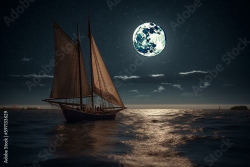 Boat sailing under the moon. Generative AI