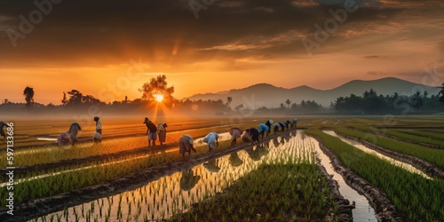 asian rice farmers, sunset landscape, generative ai