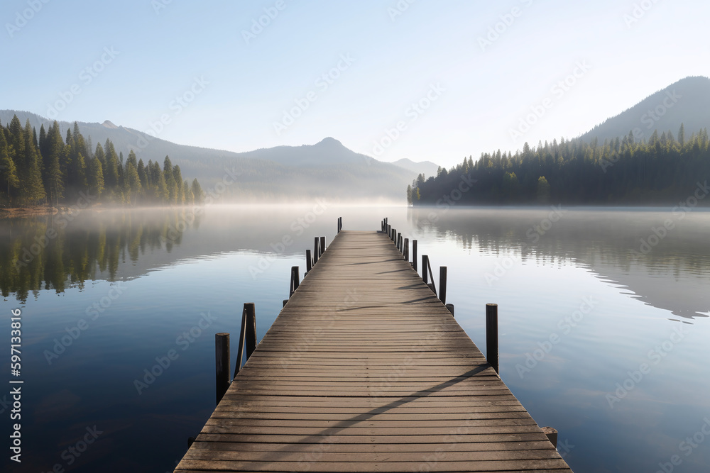 Vue sur le ponton en bois d'un lac à la montagne » IA générative