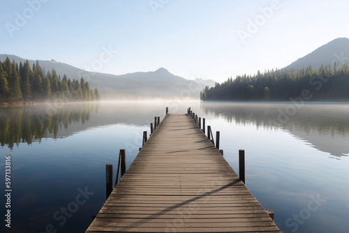 Vue sur le ponton en bois d'un lac à la montagne » IA générative © Maelgoa