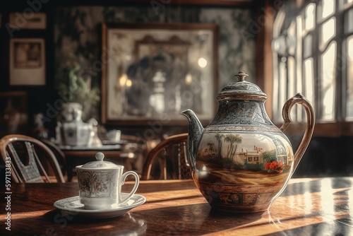Art Nouveau cafe scene watercolor featuring antique vase, kettle, and mug. Generative AI