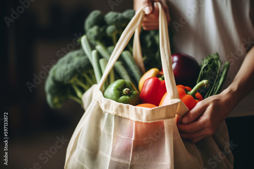 Mains tenant un sac en toile rempli de légumes du marché » IA générative photo