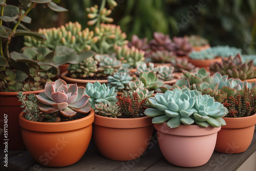 Des variétés de cactus dans des pots dans un jardin » IA générative