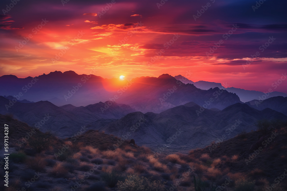 Coucher du soleil coloré dans un magnifique paysage montagneux » IA générative Coucher du soleil coloré dans un magnifique paysage montagneux » IA générative