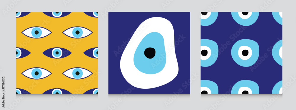 Fototapeta premium Seamless pattern with evil eyes, different talismans in hand drawn flat design