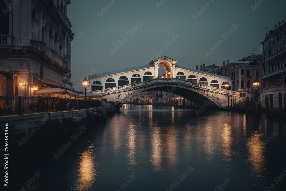 Early morning view of the Rialto Bridge over the Grand Canal in Venice. Generative AI