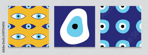 Seamless pattern with evil eyes, different talismans in hand drawn flat design