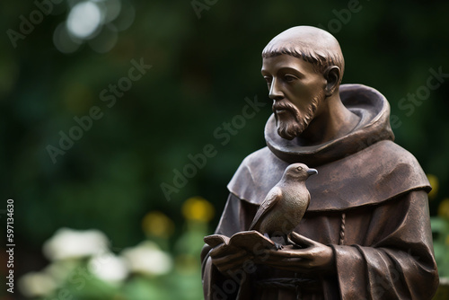 Statue en bronze de saint-françois d'assise avec un oiseau » IA générative
